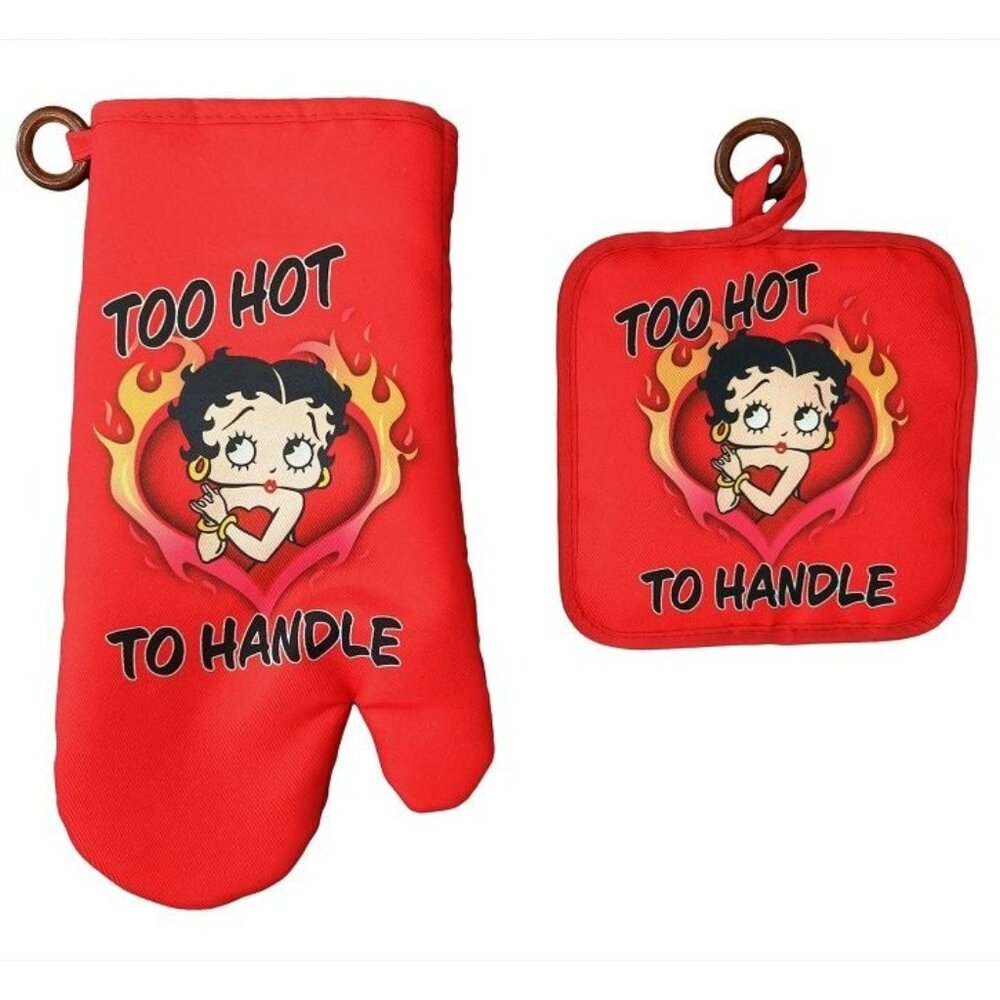 Betty Boop Red Too Hot New Oven Mitt & Potholder Set Gift Kitchen Photo Flames